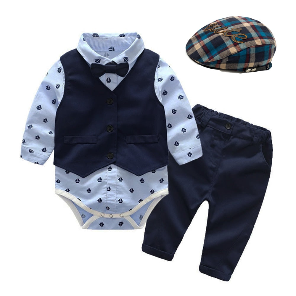 Newborn Boy Clothes Romper + Vest + Hat  Set