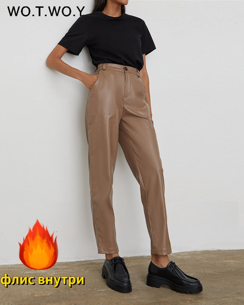 High Waisted Straight Leather Trousers