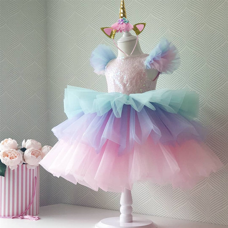 Girls Rainbow Unicorn Princess Dress
