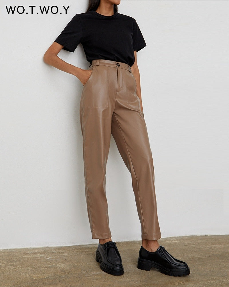 High Waisted Straight Leather Trousers